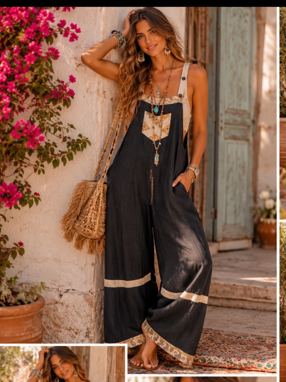 🆕 POL Boho Patchwork Wide-Leg Jumpsuit Vintage Black
